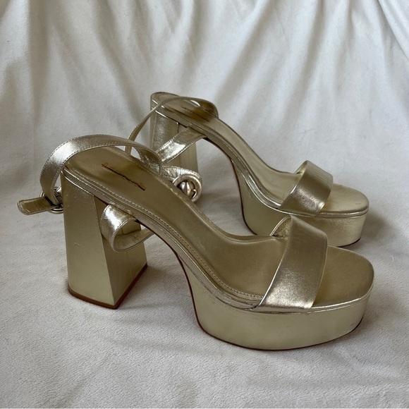 Larroude Gold Platform Heels with Chunky Block Heel and Ankle Strap - Picture 4 of 10